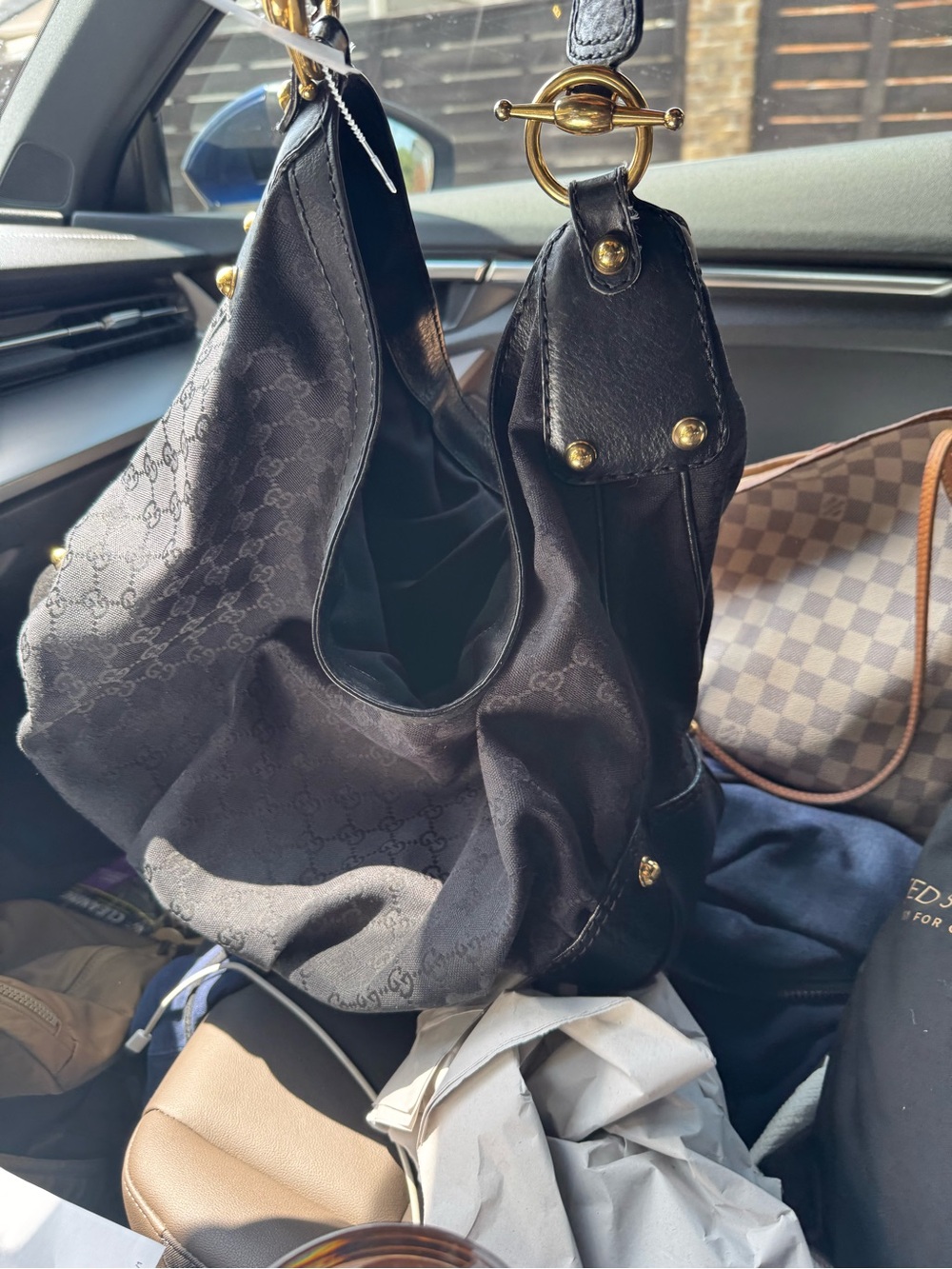 Gucci Black Monogram Canvas Shoulder Bag with Gold Hardware